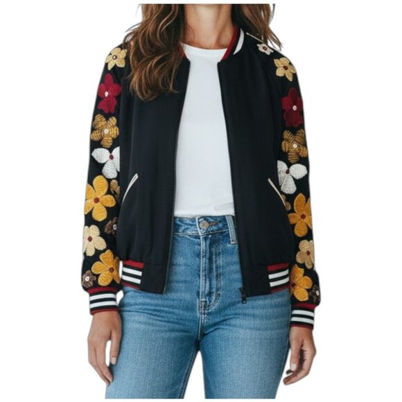 Alice + Olivia Silk Floral Embroidered Bomber Jacket Black Statement S - Picture 2 of 11